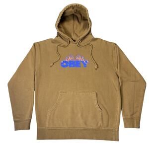 OBEY Hoodie Men Medium Brown Blue Spell Out\ Fleece Skate Surf Star Sweatshirt
